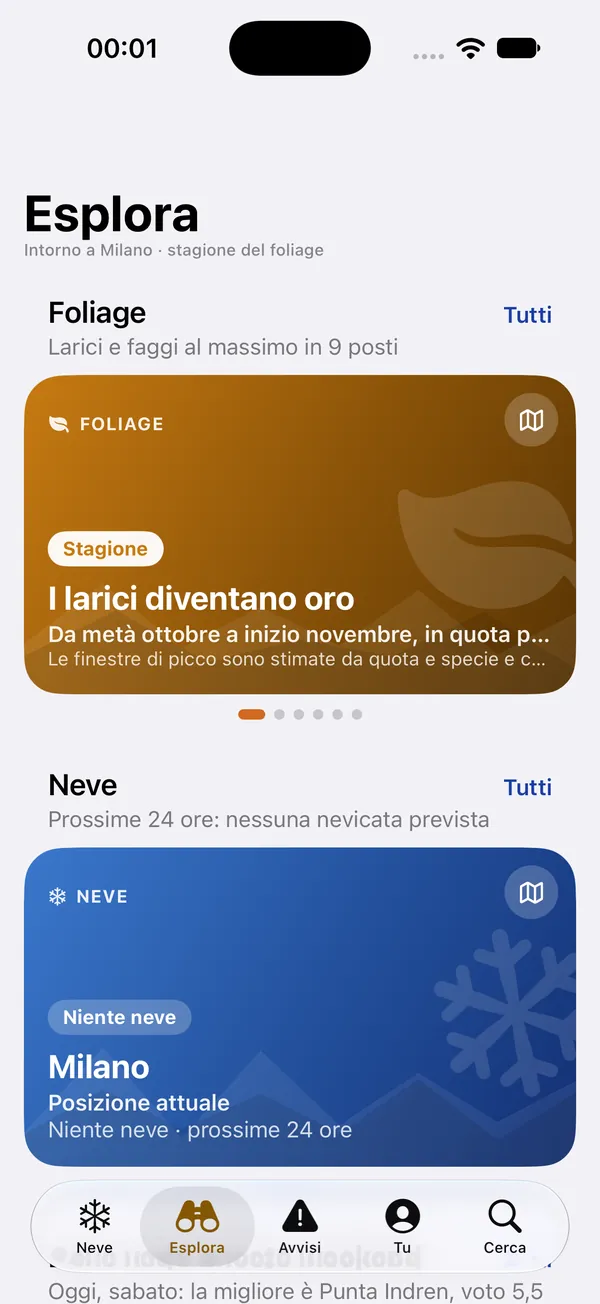 La scheda Esplora di SnowTime: in testa il foliage con «I larici diventano oro», sotto la neve nella posizione attuale.