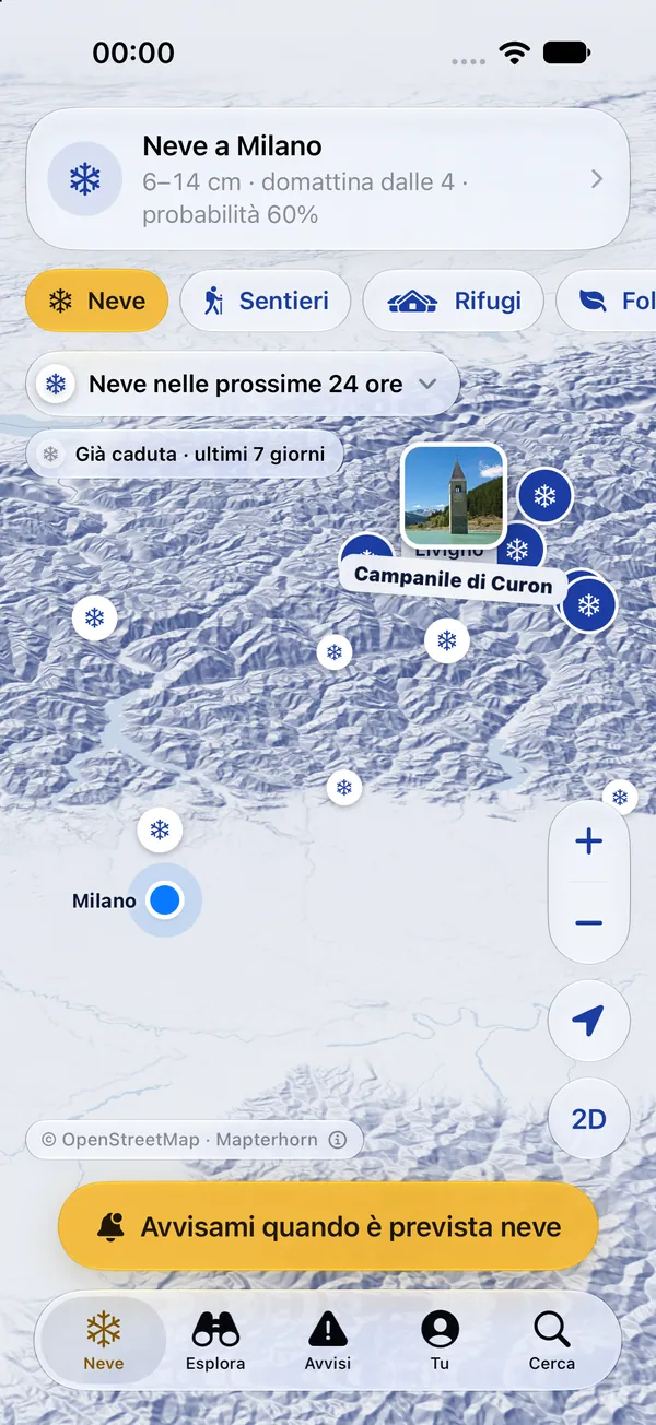 La mappa della neve di SnowTime: località con il fiocco dove è prevista neve nelle prossime 24 ore, tra Milano e la Valtellina, e il pulsante Avvisami quando è prevista neve.