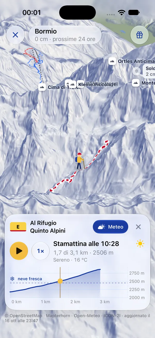 Un sentiero in 3D vicino a Bormio con il segnavia bianco e rosso, l'omino a metà salita e il pannello con il profilo altimetrico, l'ora di arrivo e la neve fresca.