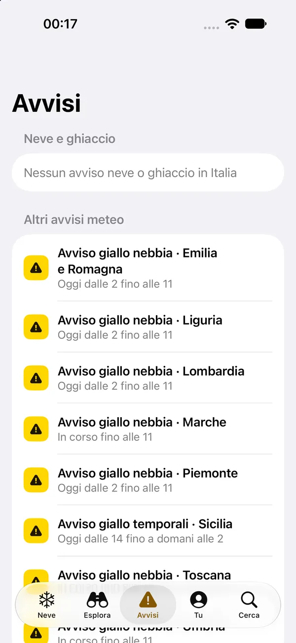 La scheda Avvisi con i dati veri di un giorno di ottobre: nessun avviso neve o ghiaccio in Italia, e gli avvisi gialli per nebbia e temporali regione per regione.